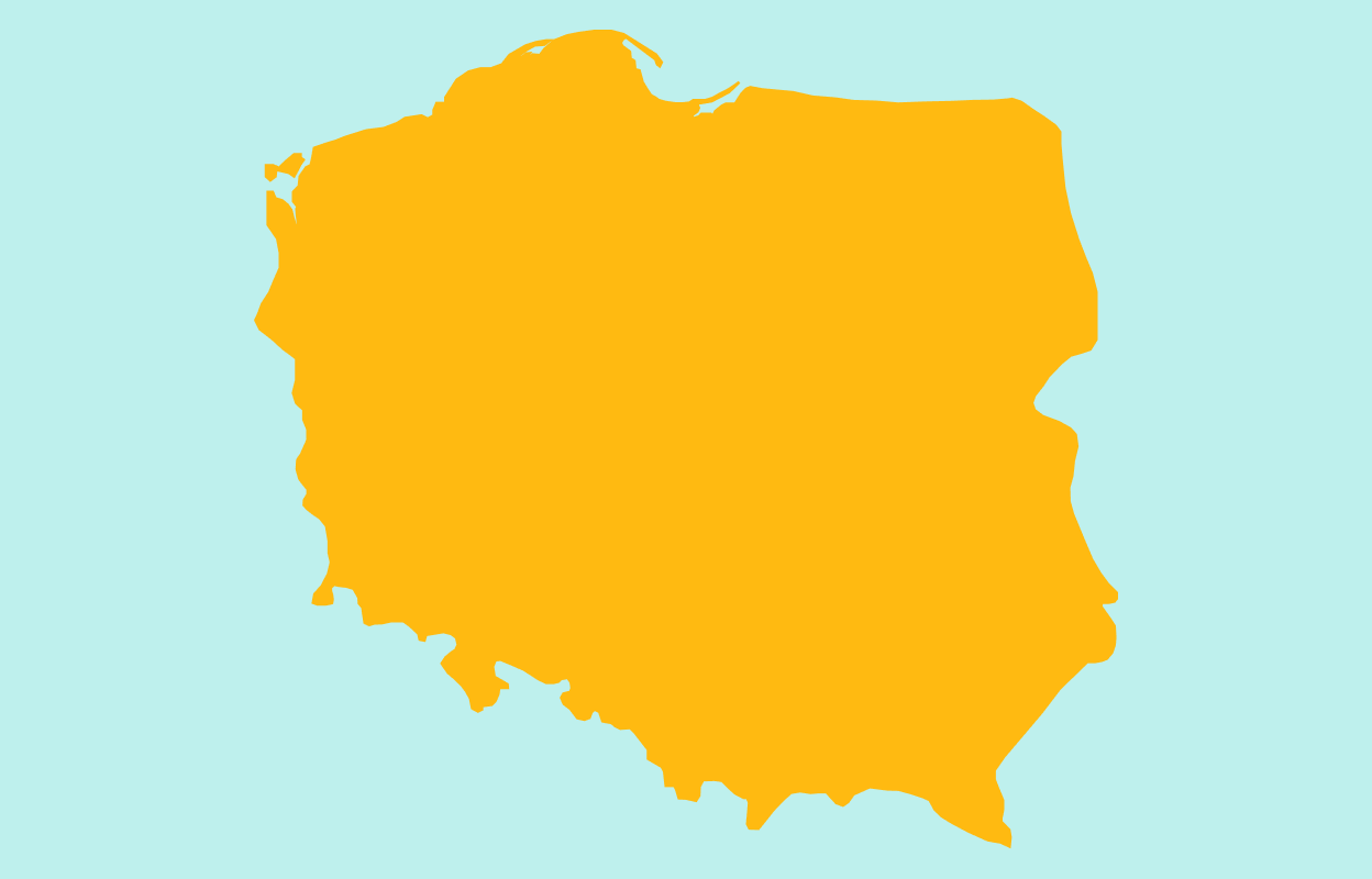 Yellow outline of Poland on a light blue background